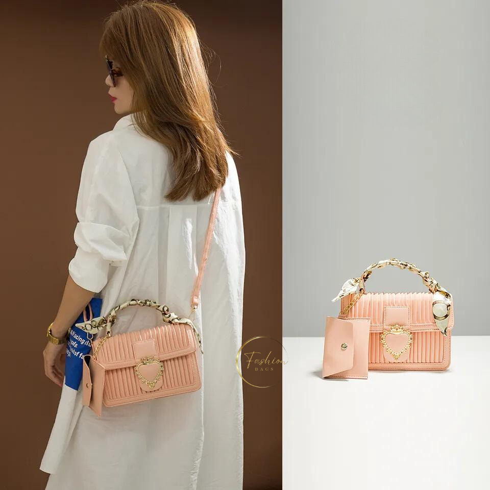 Luxurious Pastel PU Leather Sling Bag with Small Card Wallet Chained - Made in Korea